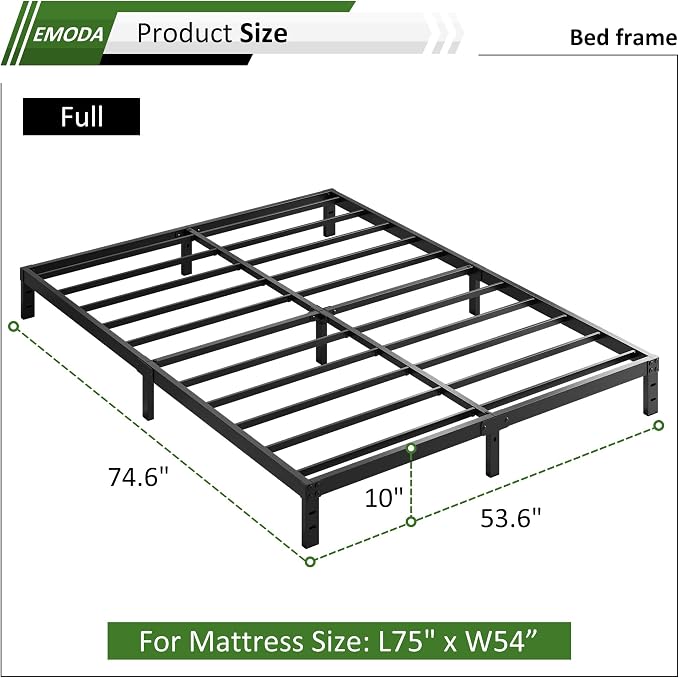 EMODA 10 Inch Full Size Bed Frame Heavy Duty Metal Platform | No Box Spring Needed, Easy Assembly Noise Free, Black