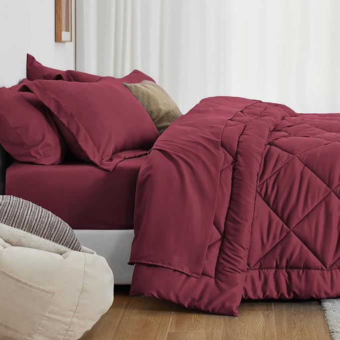 Love's cabin Queen Comforter Set Burgundy, 7 Pieces Queen Bed in a Bag, All Season Bedding Sets with 1 Comforter, 1 Flat Sheet, 1 Fitted Sheet, 2 Pillowcase and 2 Pillow Sham