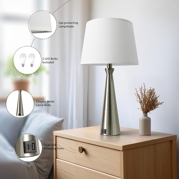 Modern Touch Lamps for Nightstand, 3 Way Dimmable Bedroom Lamp Set of 2 | USB C+A Charging Ports, Silver Bedside Lamps for Bedroom, Living Room, End Table, Bed Side, LED Bulb Included