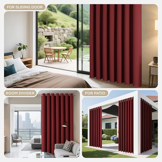 Joydeco Blackout Patio Sliding Door Curtains, Privacy Room Divider Curtains | Extra Wide Thermal Blackout Curtains for Bedroom Living Room, Curtain for Patio Door (Burgundy Red, 60Wx84L, 1 Panel)