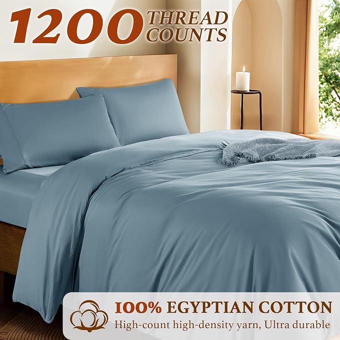 DEITAS 100% Cotton Queen Duvet Covers 3 Piece,1200 Thread Count，French Blue | Luxury Egyptian Cotton Comforter Cover With Zipper Closure, Ultra Cooling Breathable, Hotel Bedding Duvet Covers