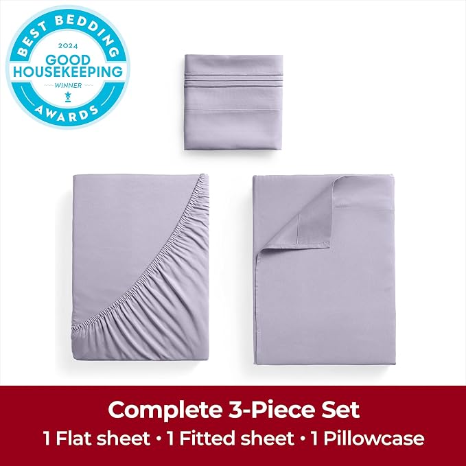 Mellanni Iconic 3-Piece, Ultra Soft Sheet Set (Twin, Lavender) | 10M+ Sleepers. Lab-tested: Sleeps Cool, Stays Bright, Strong, Smooth. Good Housekeeping Best Bedding, 7 yrs running.
