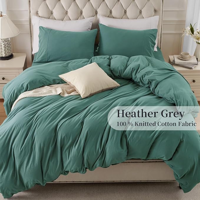 PURE ERA Jersey Knit Sheet Set Solid Teal Green Twin | 100% Cotton, 3 Piece Set, T Shirt Soft, Breathable, Envelope Closure Pillowcases, Hidden Zipper, 8 Ties, No Insert, Modern