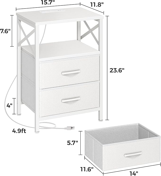 Huuger Nightstand Set of 2 with Charging Station, USB-C Port, End Tables | Night Stand with 2 Drawer Side Table with Open Shelf, Bedside Table for Small Spaces, X Shaped Side Rail, White