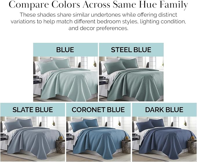 Southshore Fine Living, Inc. Queen Quilt Set, Full Size Bedspread with 2 Matching Pillow Shams, Soft Microfiber Lightweight Quilts, Queen Size Coverlet, Vacation Rental Quilts, Slate Blue Quilt