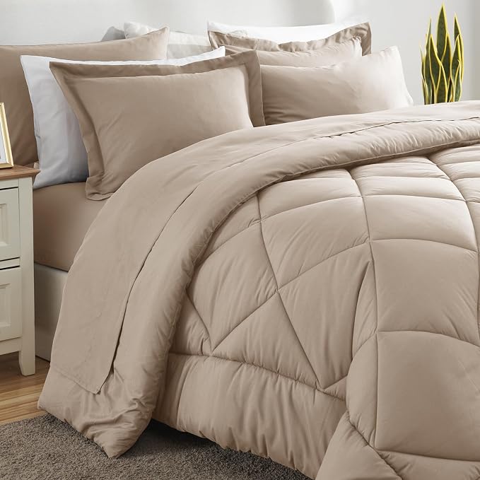 Full Size Comforter Sets Wheat - 7 Pieces Complete Bedding Set | OEKO-TEX Certified, All Season, 240GSM Down-Alternative Comforter, Sheets, Pillowcases & Shams, 14" Deep Pocket, Easy Care