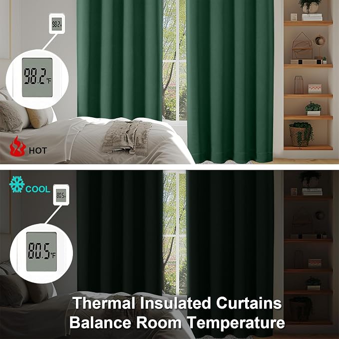 Simplebrand Ever Green Blackout Curtains for Bedroom 102 Inches Long 2 Panels, Solid Thermal Insulated, Energy Saving Living Room Window Treatment Curtains Blackout Drapes, W50 x L102 Inch, Ever Green