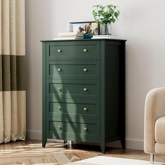 Garvee 5 Drawer Dresser for Bedroom, Modern Tall Chest of Drawers with Metal Knobs, Wooden Clothes Storage Organizer for Closet, Nursery, Living Room, Apartment, Green | Lacquered Finish, Metal Knobs, Clothes Storage Organizer for Closet, Nursery, Livi...