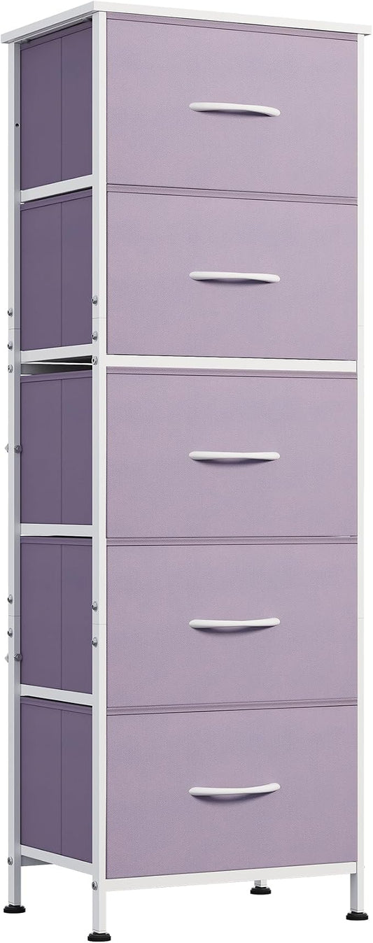 WLIVE Tall Dresser for Bedroom, 5 Drawer Dresser, Purple | 5 vertical fabric drawers, Tall vertical design, Bedroom or closet use, Dresser for small spaces, Chest of drawers