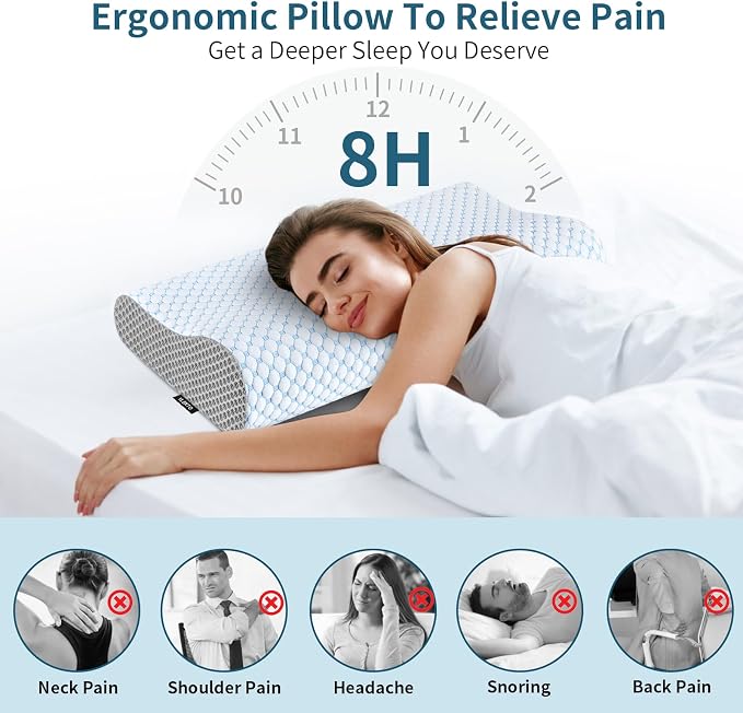 Cervical Pillow for Neck Pain Relief, Contour Memory Foam Pillows for Sleeping, Ergonomic Pillow Cooling Pillow Bed Pillow Neck Support for Side Back Stomach Sleepers (Blue & Grey, Queen Size)