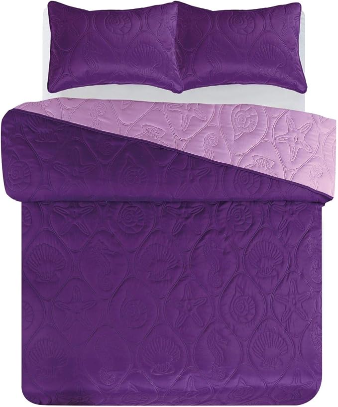 Legacy Decor 3 PCS Shell & Seahorse Bedspread Quilt,Purple, King Size | Reversible, All Season, Coverlet Oversize, Purple Color, King Size, Shell & Seahorse Pattern, 3 PCS Set