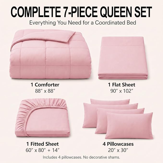Queen Comforter Set Pink - 7 Pieces Bed in a Bag | OEKO-TEX Certified, All-Season, Bedroom, Guest Room, Down-Alternative Comforter + Flat & Fitted Sheets + 4 Pillowcases