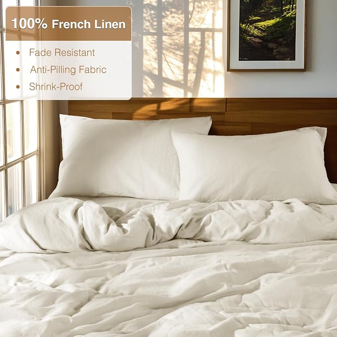 SONORO KATE 100% French Linen Queen Duvet Cover Set,Zipper Closure,3PC | Natural French Flax,Soft Breathable for Hot Sleepers,Moisture Wicking & Durable,4 Corner Ties,Cream
