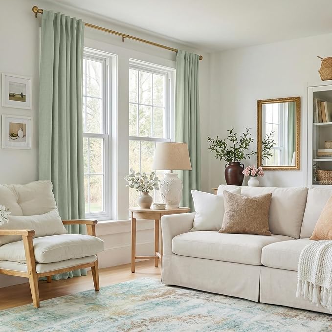 INOVADAY 100% Blackout Linen Curtains for Bedroom 50x84 Inches Sage Green | Linen Textured, Light Blocking, Room Darkening, Thermal Insulated, Back Tab Top, Window Curtains for Living Room, 2 Panels