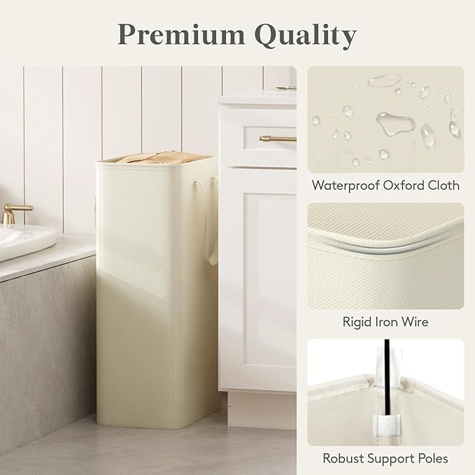 Lifewit Slim Collapsible Laundry Basket with Handles, 75L, Ivory | Narrow Laundry Hamper for Dirty Clothes, Tall Thin Laundry Bin, Small Clothes Hamper for Bathroom, Bedroom, RV, Dorm