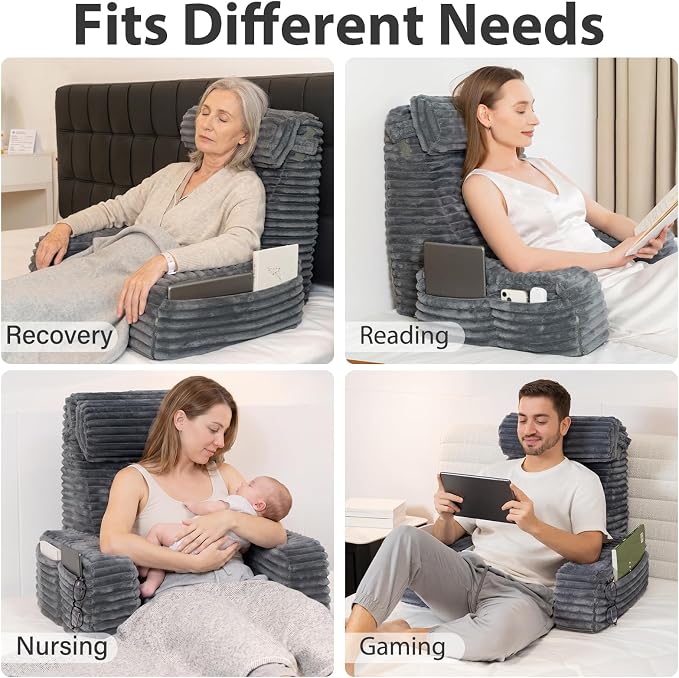 ENITYA 22" XL Back Pillow for Bed Sitting Up with Armrests & Big Pockets | Reading Pillow for Bed, Soft Back Support Chair, Ideal for Watching TV, Gaming, Nursing, Resting, Post Surgery, Dark Grey