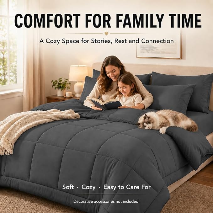 Super King Comforter Set Dark Grey - 7 Pieces Bed in a Bag | OEKO-TEX Certified, All-Season, Bedroom, Guest Room, Down-Alternative Comforter + Flat & Fitted Sheets + 4 Pillowcases