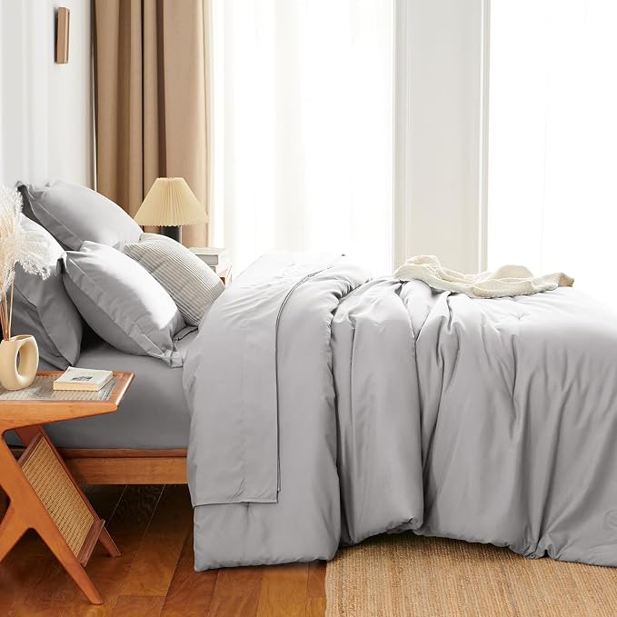 HIMEET King Comforter Set, 7-Piece Point-Quilted Bed in a Bag, French Grey | OEKO-TEX Certified, Lightweight 240 GSM Comforter, Flat Sheet, 14-Inch Deep-Pocket Fitted Sheet, Pillowcases & Shams