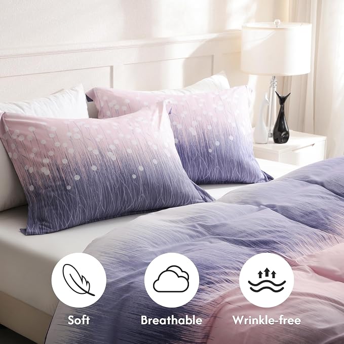 LONAVA Queen Patchwork 3 Pcs Duvet Cover Set, Breathable Soft Microfiber Purple Lining Comforter Cover with Zipper Closure, and 2 Anti-Pilling, Fade Resistant Pillowcases, Purple Blossom