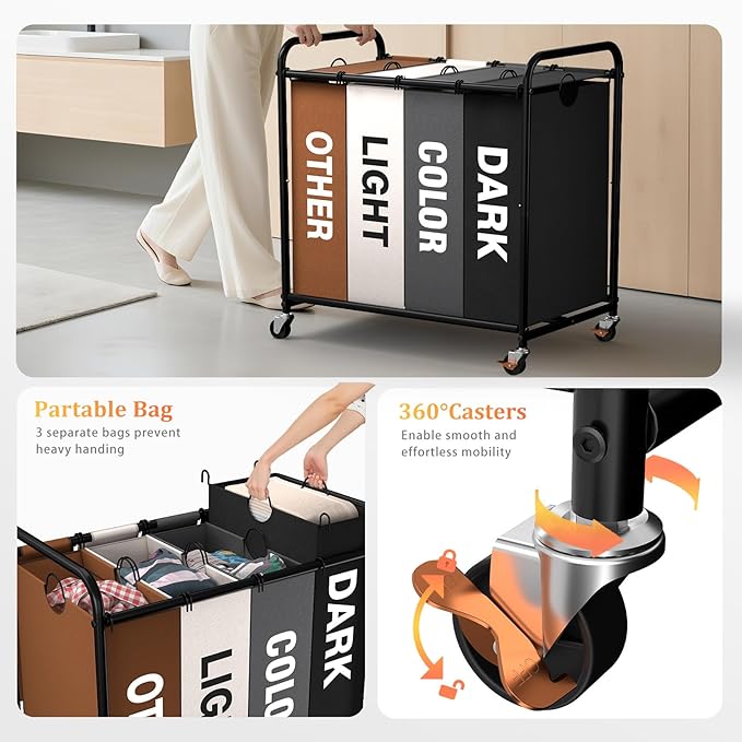 Laundry Sorter 4 Sections 48 Gal, Rolling Laundry Basket with Wheels ＆ Lid | Laundry Hamper, 4 Separated Removable Bags, Lockable Wheels, Dirty Clothes Hamper for Laundry Room Organizer, Multicolor