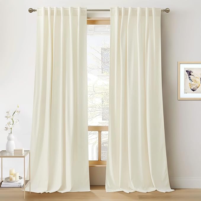 RYB HOME Cream Velvet Curtains 100 inches Long, Long Floor Length Drapes | Room Darkening, Thermal Insulated, Luxurious Home Decor, Curtains for Living Room Bedroom Patio, W52 x L100, 2 Panels Set