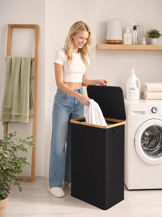 IEGrow Laundry Hamper with Lid,110L Laundry Basket with 2 Mesh Bags,Black | Dirty Clothes Hamper Basket with Bamboo Handle for Clothes Towels