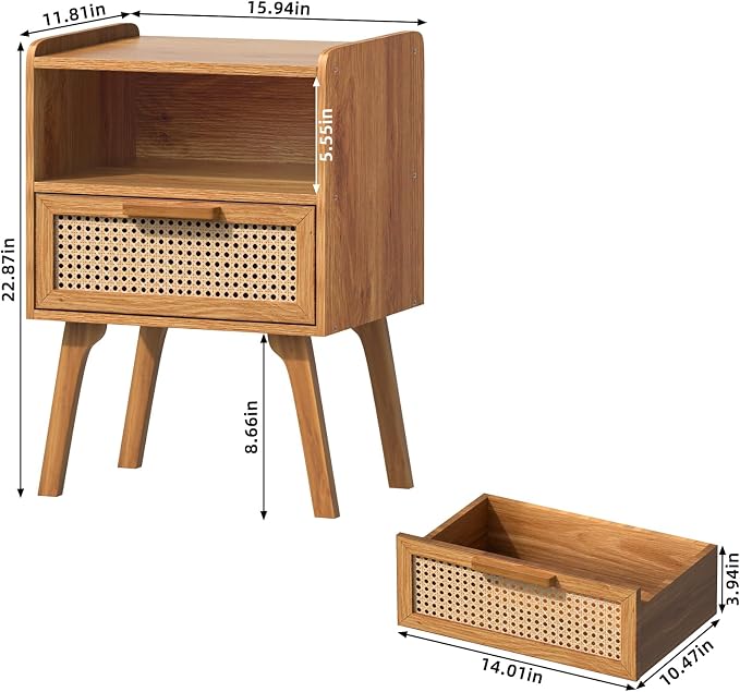 Lerliuo Rattan Nightstands Set of 2, Side Table with Drawer | Bedside End Table with Solid Wood Legs, Mid Century Modern Night Stand for Bedroom, Dorm and Small Spaces (Tea Brown)