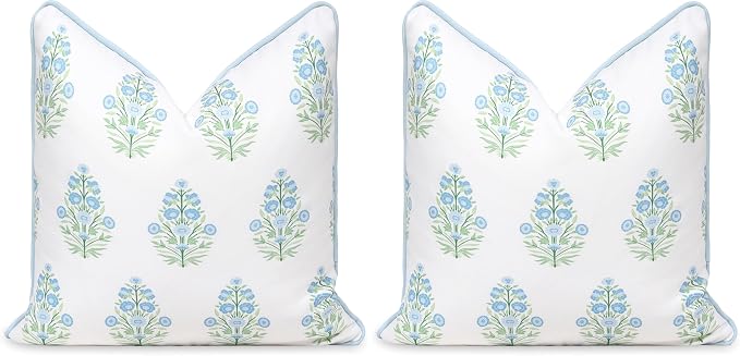 Hofdeco Premium Coastal Patio Indoor Outdoor Throw Pillow Cover Only, 18"x18" Water Repellent for Backyard, Couch, Baby Blue Green Floral with Piping (Pack of 2)