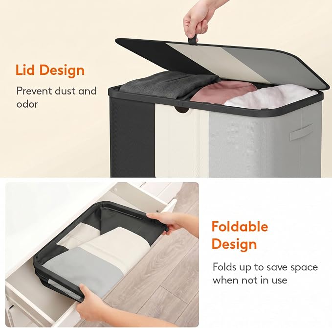 Lifewit 185L 3 Section Laundry Hamper with Lid, Black/Gray/White | Large Foldable Laundry Sorter with 3 Removable Bags, Tall Clothes Hamper for Bedroom and Bathroom