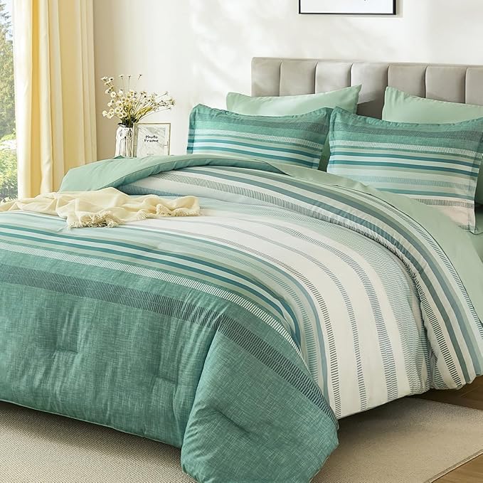 Dobuyly Comforter Set Queen Size 7 Piece, Boho Striped Sage Green Bed in a Bag Queen Soft Microfiber Bedding Sets with Comforter, Sheets, Pillowcases & Shams All Season