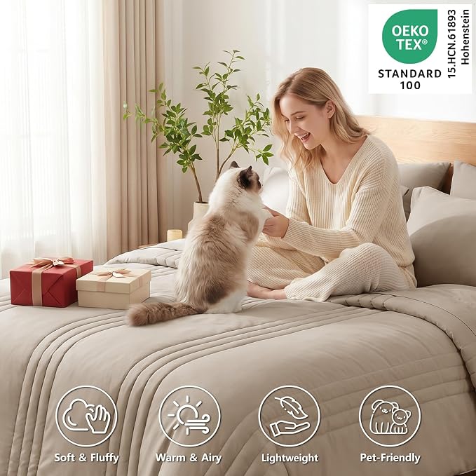 Full Size Comforter Sets Wheat- 7 Pieces Bed in a Bag | OEKO-TEX Certified, 240GSM Down-Alternative Comforter, 14" Deep-Pocket Sheets, Shams & Pillowcases, Lightweight
