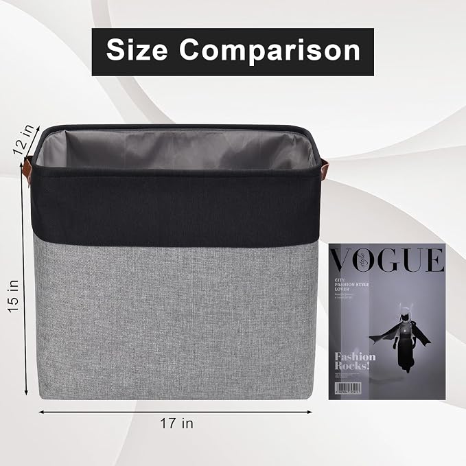 Large Fabric Storage Baskets | 50L Storage Bins, Decorative Linen Closet Baskets with Handles for Organizing, Shelf, Toys, Clothes, Home, Office, Nursery, 17x12x15Inches (Gray&Black)