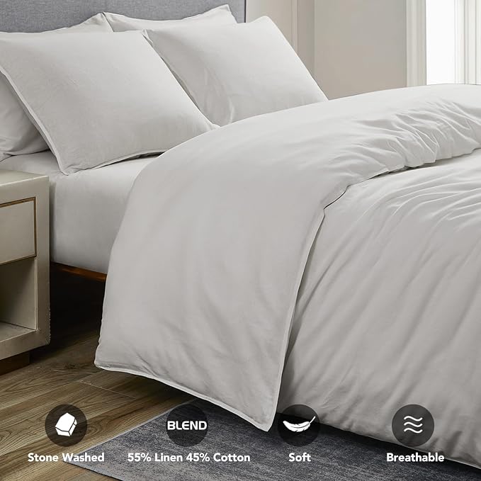 DAPU Linen Duvet Cover Set - French Linen Cotton Blend Natural Flax Soft Breathable Bedding 3 Pcs Set - 1 Duvet Cover 2 Pillowcases (Off-White/Cotton Linen, Full/Queen)