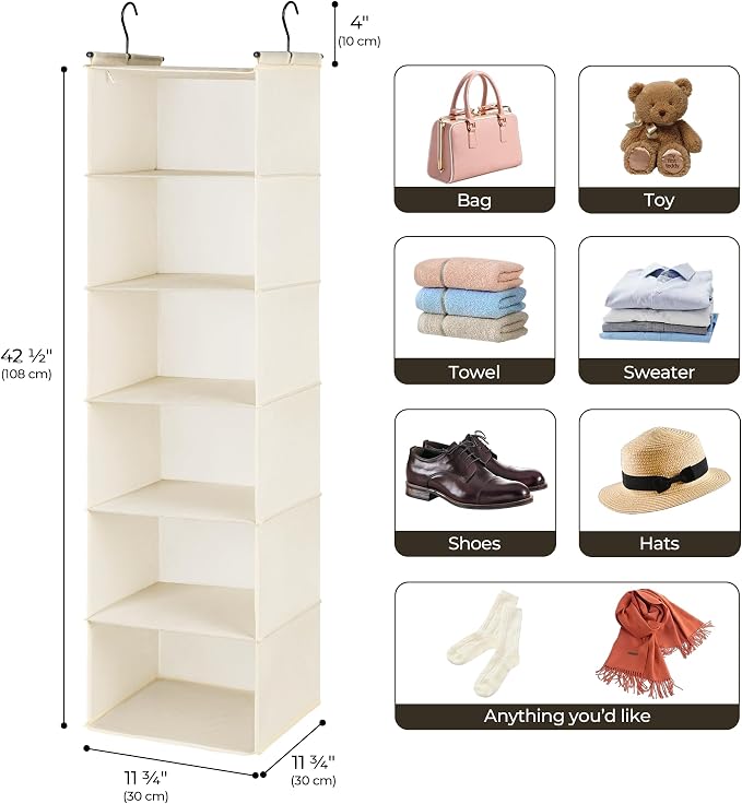 GRANNY SAYS 6-Shelf Hanging Closet Organizer, Foldable Storage, Beige | No-Sag Support, Keeps Clothes Neat, Folds Flat, Fits RV, Dorm & Small Closets