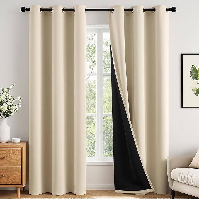 MIULEE Cream Beige 100% Blackout Curtains for Bedroom 40x63 Inch Long | 2 Thick Layers Thermal Insulated Window Curtains with Black Liner, Noise Reducing Grommet, Drapes for Living Room, 2 Panels