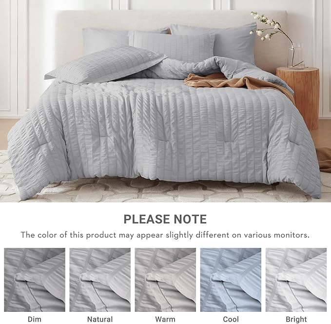 5 Pieces Twin Comforter Set, Seersucker Bed in a Bag Twin Size, All Season Luxury Bedding Set with Comforter, Flat Sheet, Fitted Sheet, Pillowcase & Sham, Light Grey