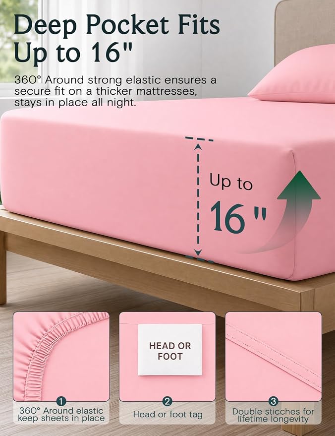 LuxClub Full Size Sheets, Cooling & Soft Deep Pocket Bed Sheets, 4PC | LuxClub Silky Fitted Sheet & Pillowcase Sets, Breathable Hotel Luxury Bedding for Mattress Wrinkle Free, Baby Pink