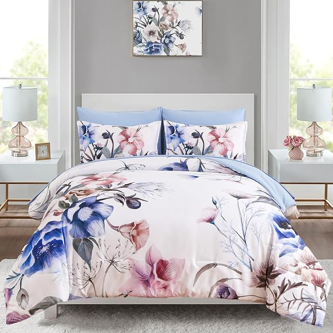 Floral Comforter Set King Size 7 Piece, Blue Flower Bed in a Bag, Elegant Floral Comforter with Sheet Set, Soft Microfiber Bedding Set for All Season (Blue, 104"x90")