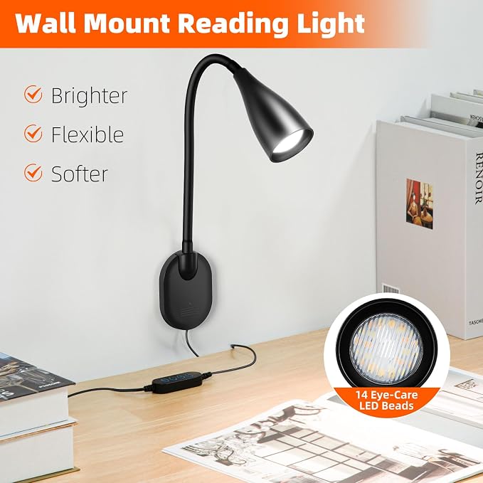 LiFMIRA Wall-Mounted LED Bedside Reading Light USB Charging Port Black | 10-Level Dimmable & Adjustable 5 Color, Plug-in Adhesive Night Lamp for Books in Bed, Eye-Caring Bedroom Lighting