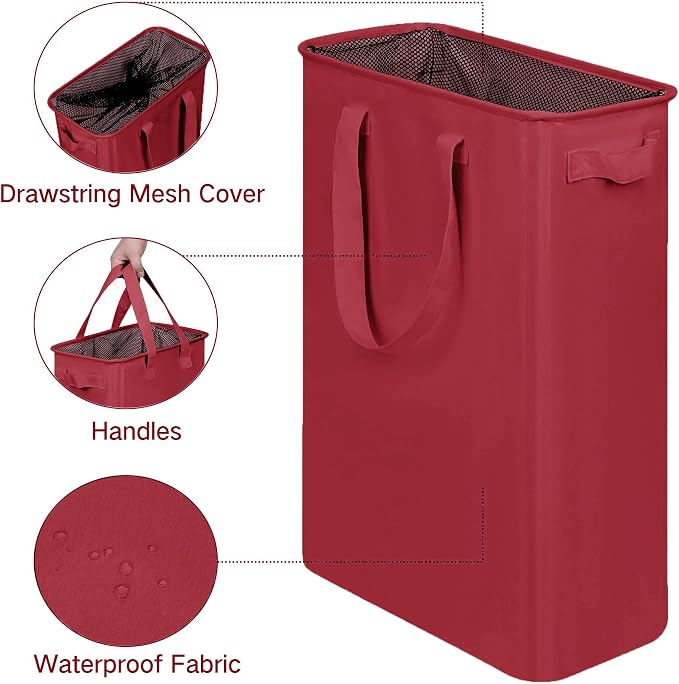 efluky Slim Laundry Basket, Narrow Laundry Hamper with Handles, Collapsible Dirty Clothes Hamper, Tall Laundry Bin for Laundry Room, Dorm and Bedroom, 48L (12.7 Gallon) Burgundy Red