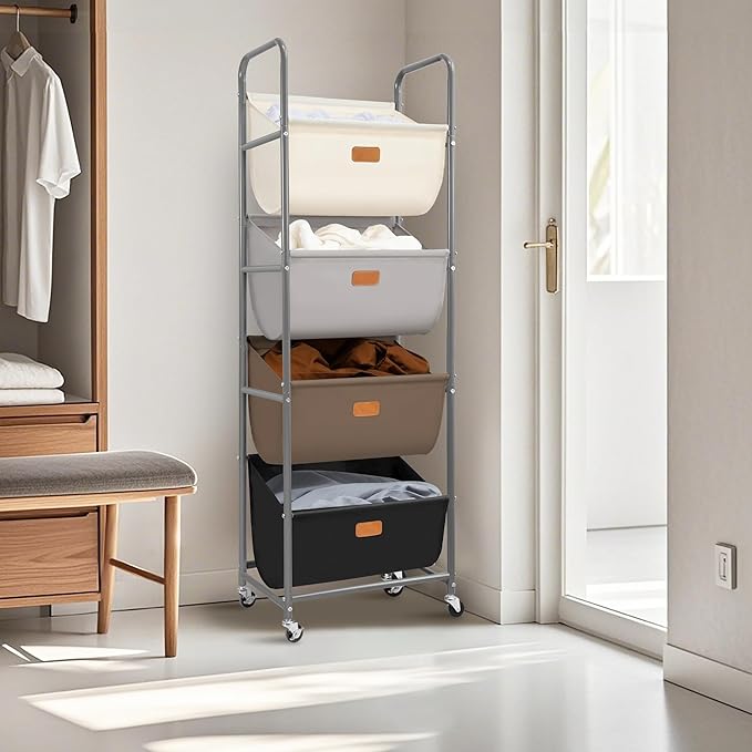 STORAGE MANIAC Vertical Rolling Laundry Hamper, 4 Section Laundry Sorter with Wheels and 2 Breaks, 4-tier Laundry Baskets for Small Space, Dorm, Laundry Room, Closet, Multicolored 4-tier