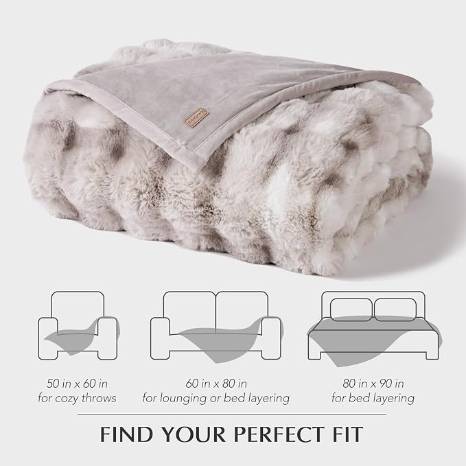 EverGrace Faux Rabbit Fur Bubble Throw Blanket, 90"x90", Light Grey | Ultra Soft, Luxury Faux Rabbit Fur Throw, Thick Warm Bubble Blanket, Cozy Fluffy Reversible, for Bed, Couch, Chair, Sofa