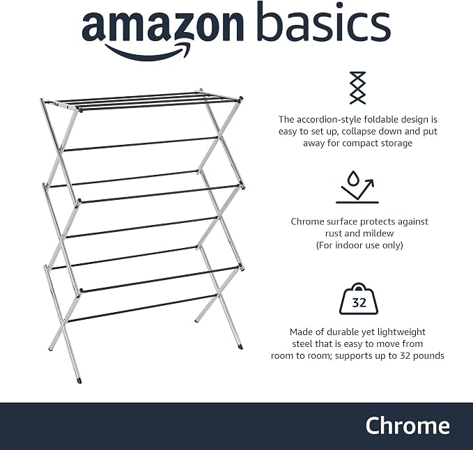 Amazon Basics Foldable Portable Metal Clothes Drying Rack for Indoor Air Drying, Energy Saving, 14.5 x 29.5 x 41.8 inches, Chrome Silver