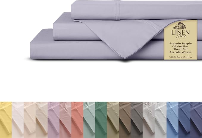 Linen Home 100% Cotton Percale Sheets California King Size, Prelude Purple, Deep Pocket, 4 Pieces Set- 1 Flat, 1 Fitted and 2 Pillowcases, Crisp Cool and Long Staple Strong Bed Linen