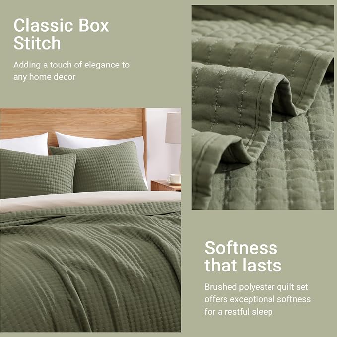 Queen Quilt-Lightweight Bedspreads Olive Green Queen Size Quilt Bedding Set | Soft Coverlet with 2 Pillow Shams for All Seasons, Suitable for Bed, Couch, 3 Pieces, 90"x94"