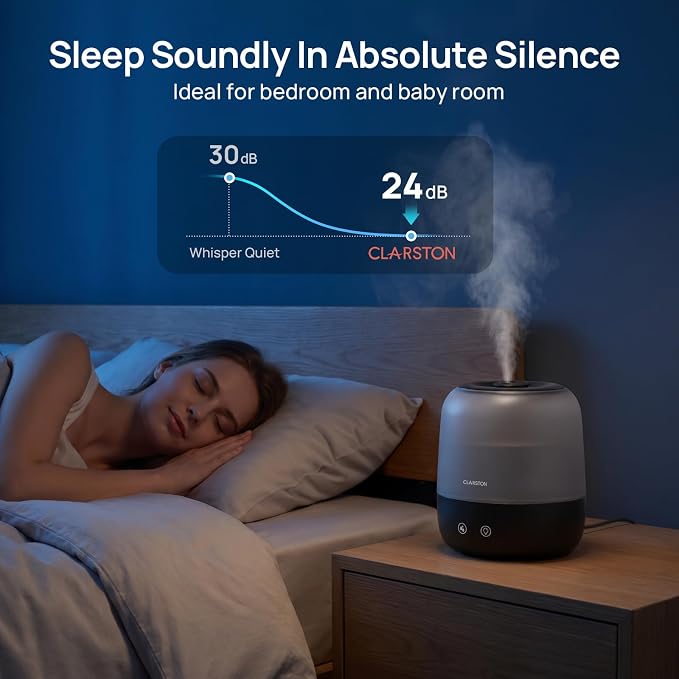 Clarston Humidifiers for Bedroom, 2L Cool Mist Humidifier, 24dB Quiet Sleep | 25H Runtime, Easy to Top Fill & Clean, Humidification for Baby Nursery & Plant, 360° Nozzle for Large Room, Nightlight,No BPA