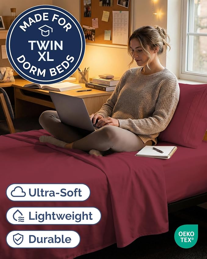 Twin XL 3 Piece Sheet Set - College Dorm Room Essentials - Burgundy | Deep Pocket Bed Sheets for Women, Men, Teens & Students, Soft, Cooling, Breathable & Wrinkle Free, Oeko-Tex Bed Sheet Set
