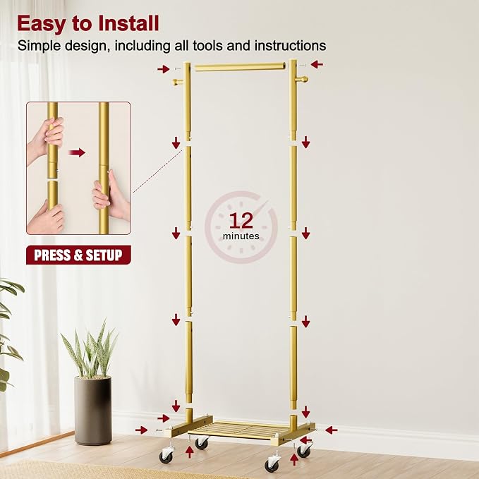SLEEPING LAMB Small Clothes Racks for Hanging Clothes, Rolling Clothing Rack with Shelves, 60" Metal Garment Rack with Wheels Portable Wardrobe Rack for Small Space, Gold