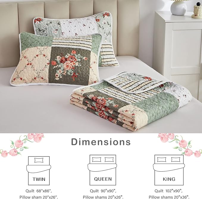 Patchwork Quilt Set Twin Size, 2 Pieces Green White Floral Plaid Design Summer Bedspread Coverlet Set, Soft Microfiber Reversible Lightweight Bed Cover for Kids (68" x 86", 1 Quilt+ 1 Pillow Sham)