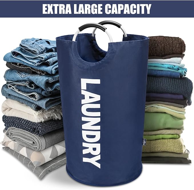 DOKEHOM 125L X-Large Laundry Basket Bag, Collapsible Tall Hamper, Dark Blue | Freestanding tall washing bin & foldable laundry bag. Extra large clothes storage basket with durable sturdy handles